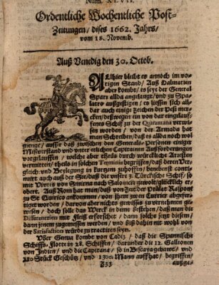 Ordentliche wochentliche Post-Zeitungen Samstag 18. November 1662