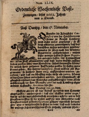 Ordentliche wochentliche Post-Zeitungen Samstag 9. Dezember 1662