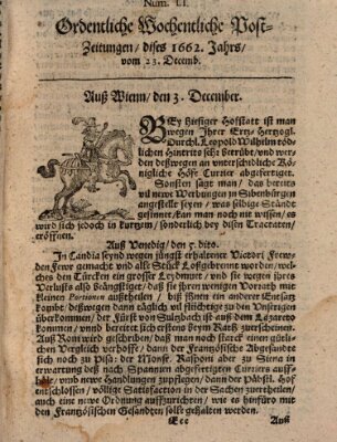 Ordentliche wochentliche Post-Zeitungen Samstag 23. Dezember 1662