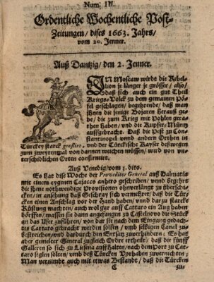 Ordentliche wochentliche Post-Zeitungen Samstag 20. Januar 1663