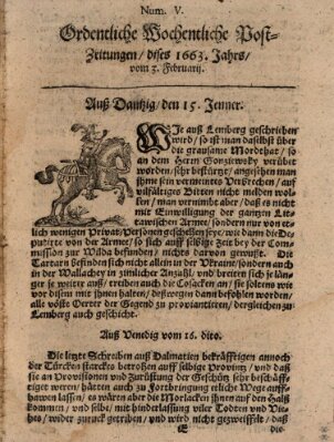 Ordentliche wochentliche Post-Zeitungen Samstag 3. Februar 1663