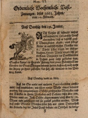 Ordentliche wochentliche Post-Zeitungen Samstag 10. Februar 1663