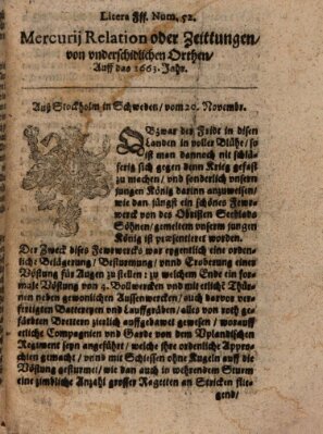 Mercurij Relation oder Zeittungen, von underschidlichen Orten (Süddeutsche Presse) Dienstag 20. November 1663