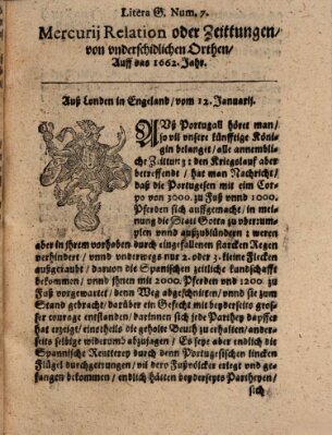 Mercurij Relation oder Zeittungen, von underschidlichen Orten (Süddeutsche Presse) Donnerstag 12. Januar 1662