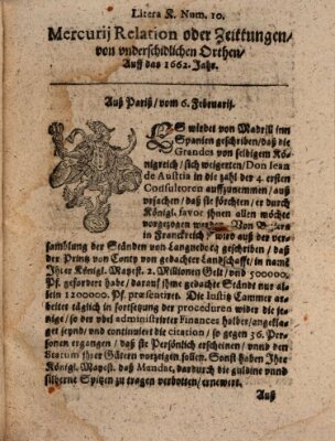 Mercurij Relation oder Zeittungen, von underschidlichen Orten (Süddeutsche Presse) Montag 6. Februar 1662