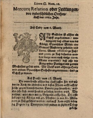 Mercurij Relation oder Zeittungen, von underschidlichen Orten (Süddeutsche Presse) Montag 6. März 1662