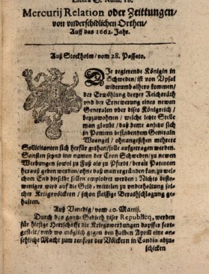 Mercurij Relation oder Zeittungen, von underschidlichen Orten (Süddeutsche Presse) Dienstag 28. Februar 1662