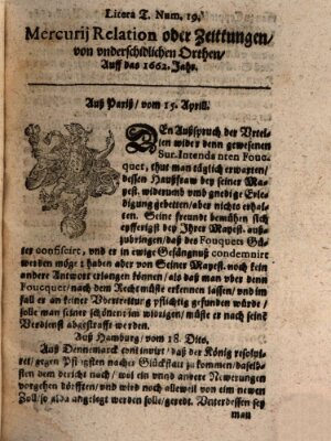 Mercurij Relation oder Zeittungen, von underschidlichen Orten (Süddeutsche Presse) Samstag 15. April 1662