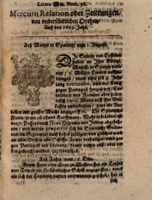 Mercurij Relation oder Zeittungen, von underschidlichen Orten (Süddeutsche Presse) Dienstag 1. August 1662