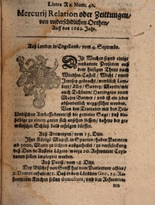 Mercurij Relation oder Zeittungen, von underschidlichen Orten (Süddeutsche Presse) Montag 4. September 1662