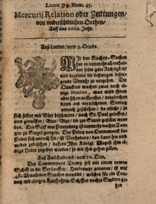 Mercurij Relation oder Zeittungen, von underschidlichen Orten (Süddeutsche Presse) Montag 9. Oktober 1662