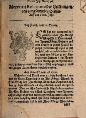 Mercurij Relation oder Zeittungen, von underschidlichen Orten (Süddeutsche Presse) Samstag 21. Oktober 1662