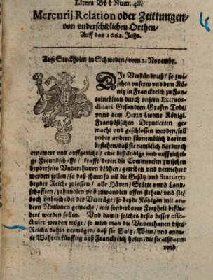 Mercurij Relation oder Zeittungen, von underschidlichen Orten (Süddeutsche Presse) Donnerstag 2. November 1662