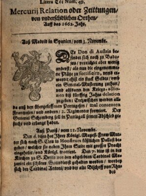 Mercurij Relation oder Zeittungen, von underschidlichen Orten (Süddeutsche Presse) Freitag 3. November 1662