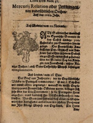 Mercurij Relation oder Zeittungen, von underschidlichen Orten (Süddeutsche Presse) Mittwoch 22. November 1662