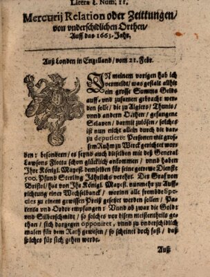 Mercurij Relation oder Zeittungen, von underschidlichen Orten (Süddeutsche Presse) Mittwoch 21. Februar 1663