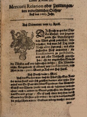 Mercurij Relation oder Zeittungen, von underschidlichen Orten (Süddeutsche Presse) Mittwoch 25. April 1663