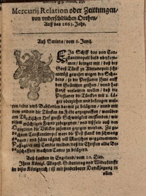 Mercurij Relation oder Zeittungen, von underschidlichen Orten (Süddeutsche Presse) Mittwoch 6. Juni 1663