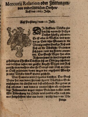 Mercurij Relation oder Zeittungen, von underschidlichen Orten (Süddeutsche Presse) Donnerstag 12. Juli 1663