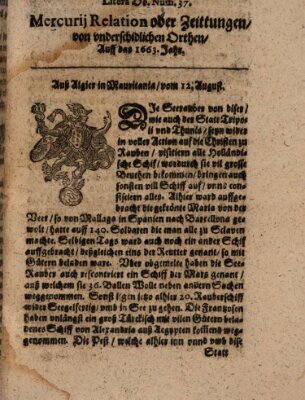 Mercurij Relation oder Zeittungen, von underschidlichen Orten (Süddeutsche Presse) Sonntag 12. August 1663