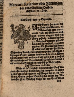 Mercurij Relation oder Zeittungen, von underschidlichen Orten (Süddeutsche Presse) Freitag 14. September 1663