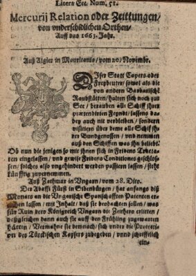 Mercurij Relation oder Zeittungen, von underschidlichen Orten (Süddeutsche Presse) Dienstag 20. November 1663