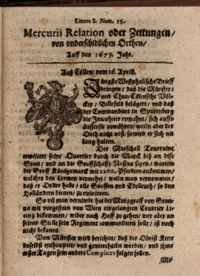 Mercurij Relation oder Zeittungen, von underschidlichen Orten (Süddeutsche Presse) Sonntag 16. April 1673