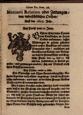 Mercurij Relation oder Zeittungen, von underschidlichen Orten (Süddeutsche Presse) Samstag 17. Juni 1673