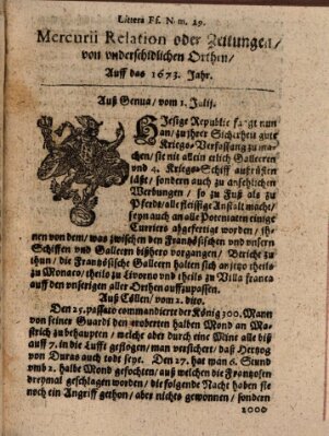 Mercurij Relation oder Zeittungen, von underschidlichen Orten (Süddeutsche Presse) Samstag 1. Juli 1673