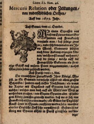 Mercurij Relation oder Zeittungen, von underschidlichen Orten (Süddeutsche Presse) Sonntag 22. Oktober 1673