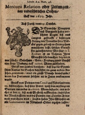 Mercurij Relation oder Zeittungen, von underschidlichen Orten (Süddeutsche Presse) Sonntag 29. Oktober 1673