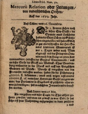 Mercurij Relation oder Zeittungen, von underschidlichen Orten (Süddeutsche Presse) Sonntag 26. November 1673