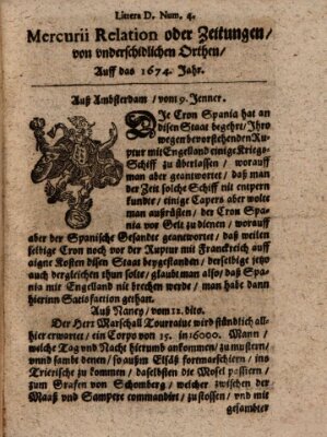 Mercurij Relation oder Zeittungen, von underschidlichen Orten (Süddeutsche Presse) Dienstag 9. Januar 1674