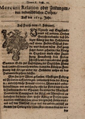 Mercurij Relation oder Zeittungen, von underschidlichen Orten (Süddeutsche Presse) Sonntag 18. Februar 1674