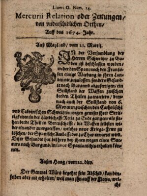 Mercurij Relation oder Zeittungen, von underschidlichen Orten (Süddeutsche Presse) Mittwoch 21. März 1674