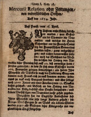 Mercurij Relation oder Zeittungen, von underschidlichen Orten (Süddeutsche Presse) Montag 16. April 1674