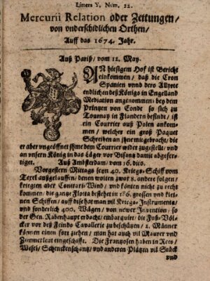 Mercurij Relation oder Zeittungen, von underschidlichen Orten (Süddeutsche Presse) Samstag 12. Mai 1674