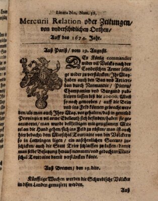 Mercurij Relation oder Zeittungen, von underschidlichen Orten (Süddeutsche Presse) Sonntag 19. August 1674