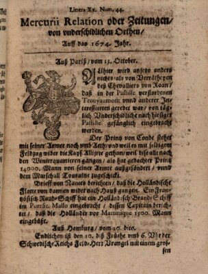 Mercurij Relation oder Zeittungen, von underschidlichen Orten (Süddeutsche Presse) Samstag 13. Oktober 1674