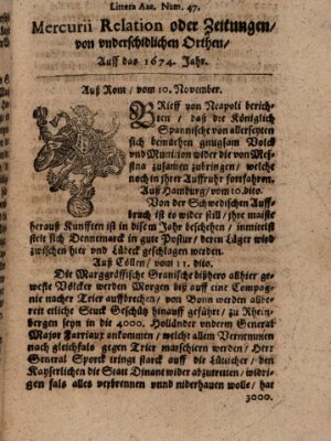 Mercurij Relation oder Zeittungen, von underschidlichen Orten (Süddeutsche Presse) Samstag 10. November 1674