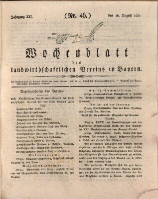 Wochenblatt des Landwirtschaftlichen Vereins in Bayern Dienstag 16. August 1831