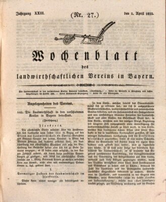 Wochenblatt des Landwirtschaftlichen Vereins in Bayern Dienstag 2. April 1833