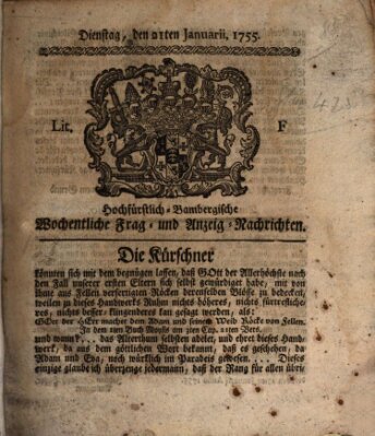 Hochfürstlich-Bambergische wochentliche Frag- und Anzeigenachrichten Dienstag 21. Januar 1755