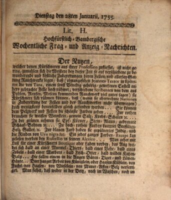 Hochfürstlich-Bambergische wochentliche Frag- und Anzeigenachrichten Dienstag 28. Januar 1755