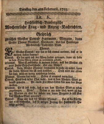 Hochfürstlich-Bambergische wochentliche Frag- und Anzeigenachrichten Dienstag 4. Februar 1755