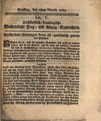 Hochfürstlich-Bambergische wochentliche Frag- und Anzeigenachrichten Dienstag 18. März 1755