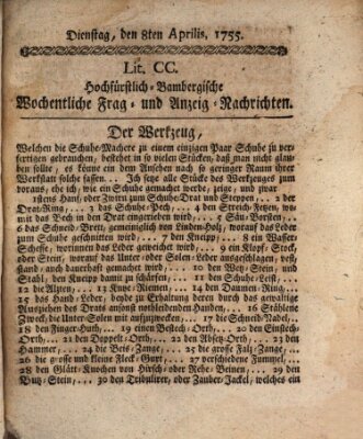 Hochfürstlich-Bambergische wochentliche Frag- und Anzeigenachrichten Dienstag 8. April 1755