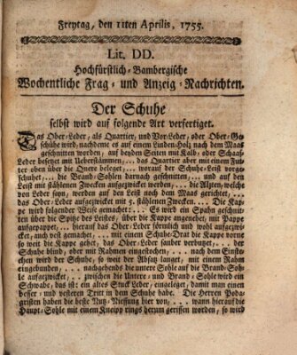 Hochfürstlich-Bambergische wochentliche Frag- und Anzeigenachrichten Freitag 11. April 1755