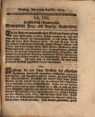 Hochfürstlich-Bambergische wochentliche Frag- und Anzeigenachrichten Freitag 25. April 1755