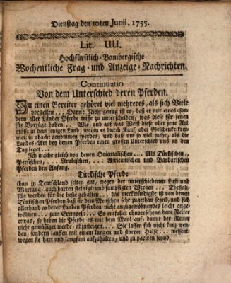 Hochfürstlich-Bambergische wochentliche Frag- und Anzeigenachrichten Dienstag 10. Juni 1755